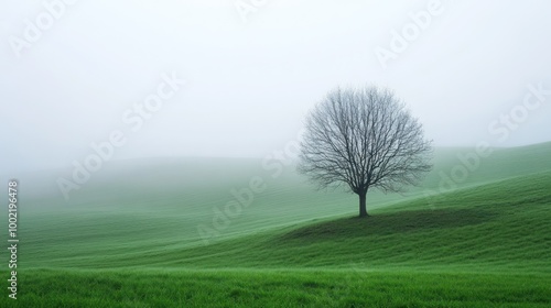 A solitary tree stands on a misty green landscape, evoking tranquility and solitude.