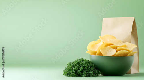 A bowl of crispy potato chips beside a brown paper bag and fresh green parsley on a soft green background. photo