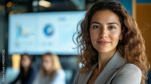 A Confident Businesswoman with Curly Hair Looking Directly at the Camera