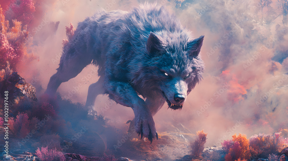 Fototapeta premium Fierce Werewolf in Colorful Artistic Landscape