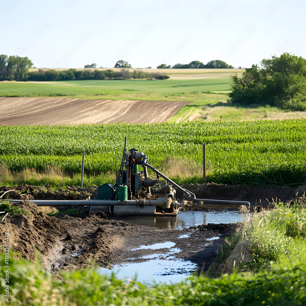 Fototapeta premium Water pump working on agricultural land in springtime