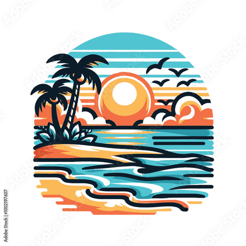 Vibrant Tropical Sunset Beach Scene Illustration