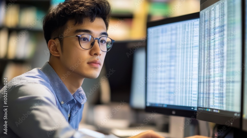 Young Man in Glasses Working on Computer with Data Displayed Young Man in Glasses Working on Computer with Data Displayed