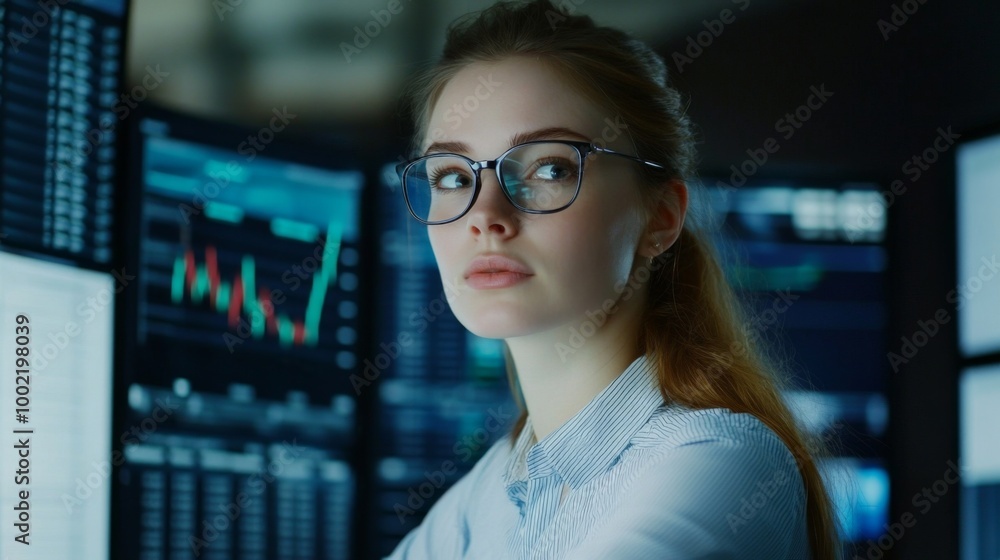 Fototapeta premium Woman in Glasses Looking at Stock Market Data on Monitors