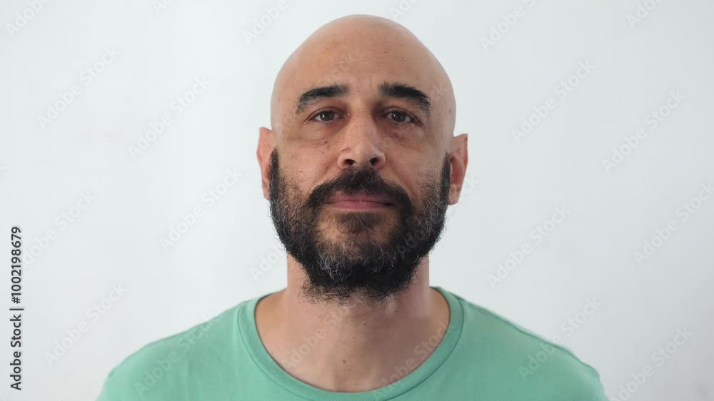 A bald young man in a green shirt looks seriously and proudly into the camera, capturing a moment of confidence and determination. A bald young man in a green shirt looks seriously and proudly into the camera, capturing a moment of confidence and determination.