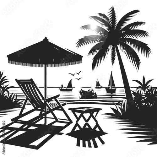 Tranquil Beach Scene Silhouette Illustration of Relaxing Seaside Vacation