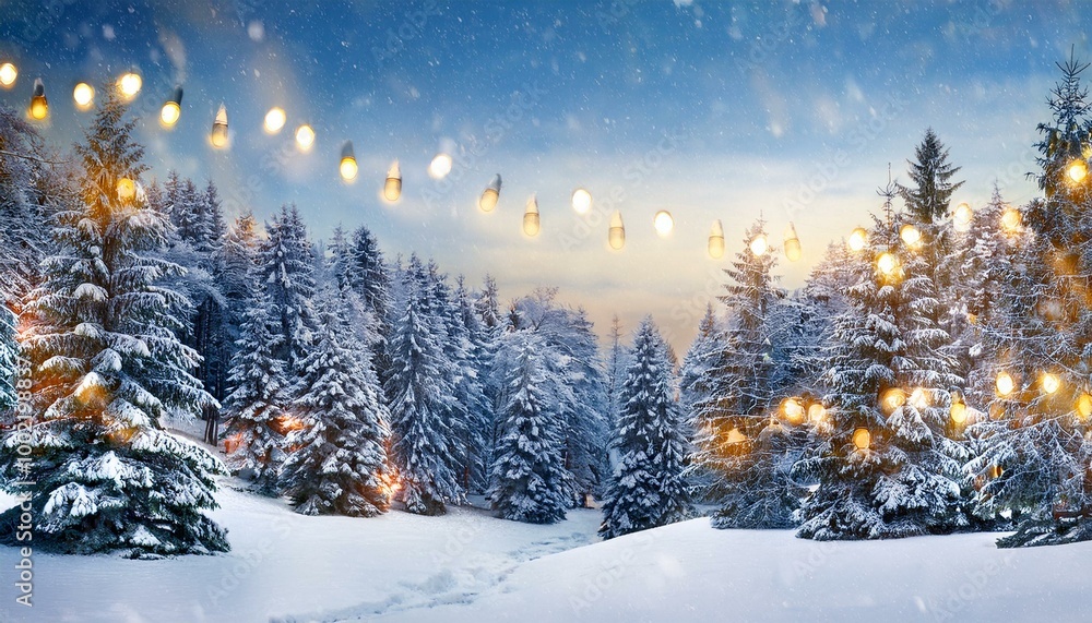 A snowy forest with evergreen trees decorated with ornaments and lights, creating a magical winter wonderland scene. A snowy forest with evergreen trees decorated with ornaments and lights, creating a magical winter wonderland scene.