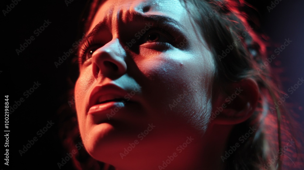 Close-up of a Woman's Face Lit by Red and Blue Light Close-up of a Woman's Face Lit by Red and Blue Light