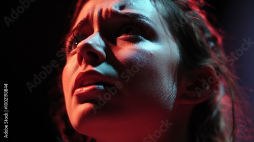 Close-up of a Woman's Face Lit by Red and Blue Light