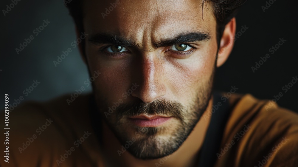 Close-up Portrait of a Man with a Serious Expression and Green Eyes Close-up Portrait of a Man with a Serious Expression and Green Eyes