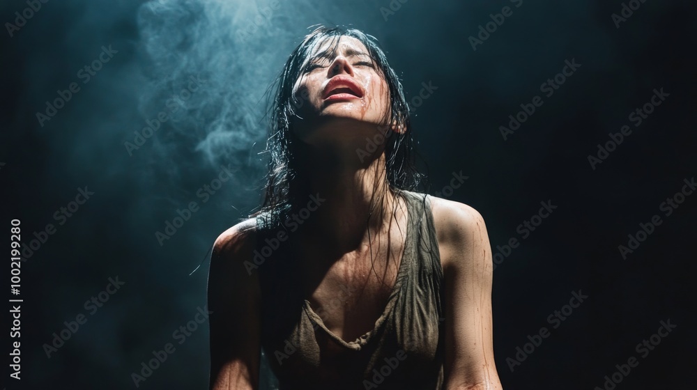 A Woman Covered in Blood and Smoke Looking Upwards A Woman Covered in Blood and Smoke Looking Upwards