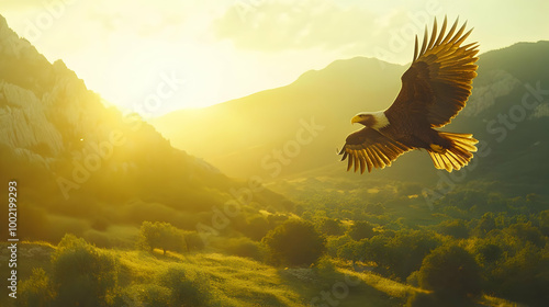 A majestic bird soaring through a golden sunset, capturing the essence of freedom and nature's beauty in a breathtaking landscape.