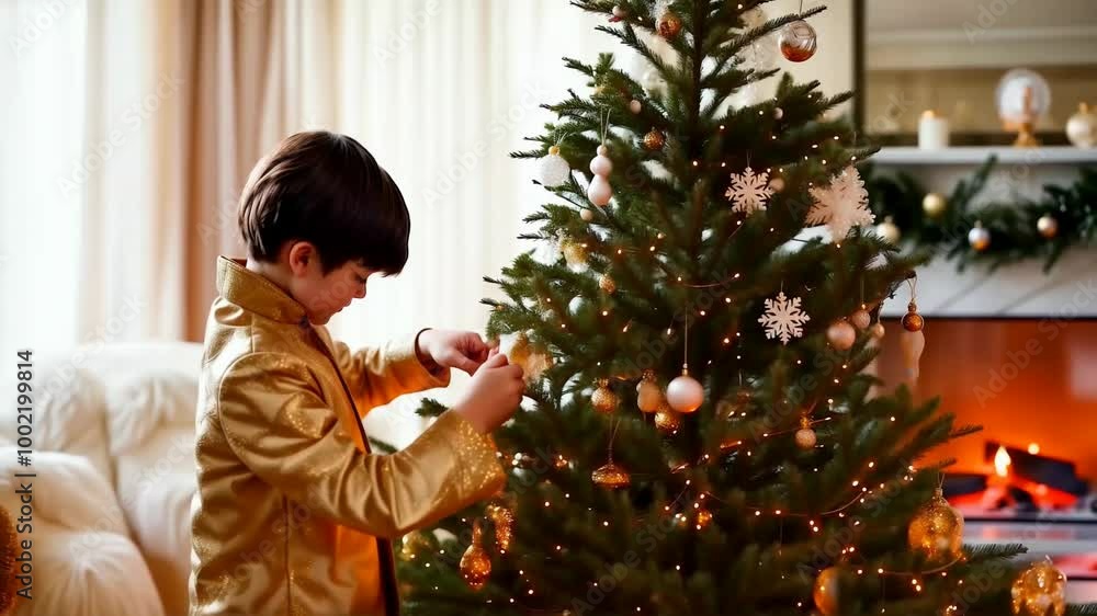 Young little boy wearing glamorous shiny gold costume decorating Christmas tree against background of festive Christmas interior of room with burning fireplace. Young little boy wearing glamorous shiny gold costume decorating Christmas tree against background of festive Christmas interior of room with burning fireplace.