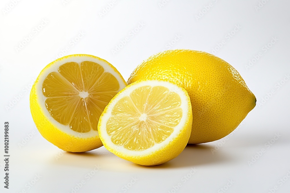 A close-up of a whole lemon and two lemon halves on a white background.