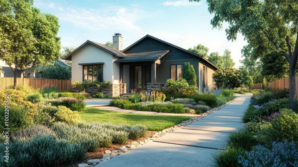 City home with a spacious front yard, leaving room for text in the background. City home with a spacious front yard, leaving room for text in the background.