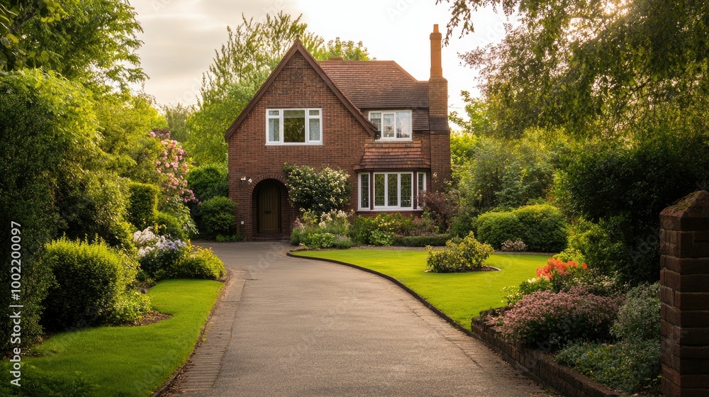 Fototapeta premium City house with a front garden and driveway, leaving plenty of space for text in the background.