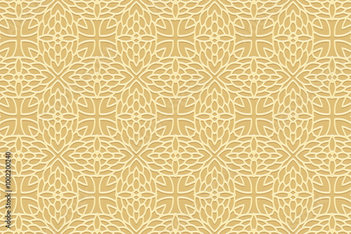 Luxury satin beige background, tribal design cover, banner. Geometric decorative 3d pattern, embossing. Textured ethnic ornaments, arabesques, mandala of the East, Asia, India, Mexico, Aztec, Peru.