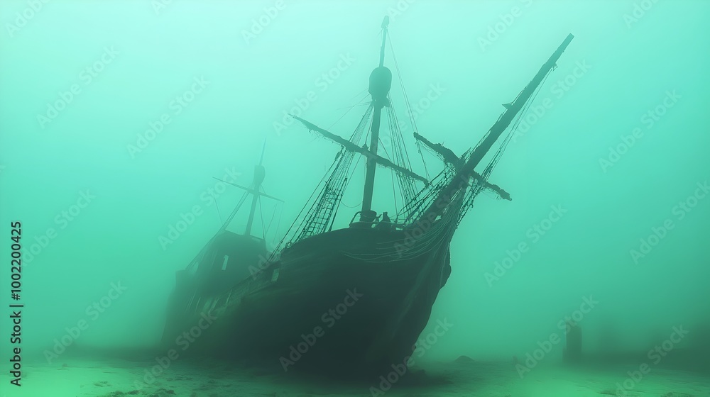 Ghostly half submerged ship lost in the mysterious Bermuda Triangle shrouded in an eerie otherworldly green fog that creates a haunting supernatural atmosphere Ghostly half submerged ship lost in the mysterious Bermuda Triangle shrouded in an eerie otherworldly green fog that creates a haunting supernatural atmosphere