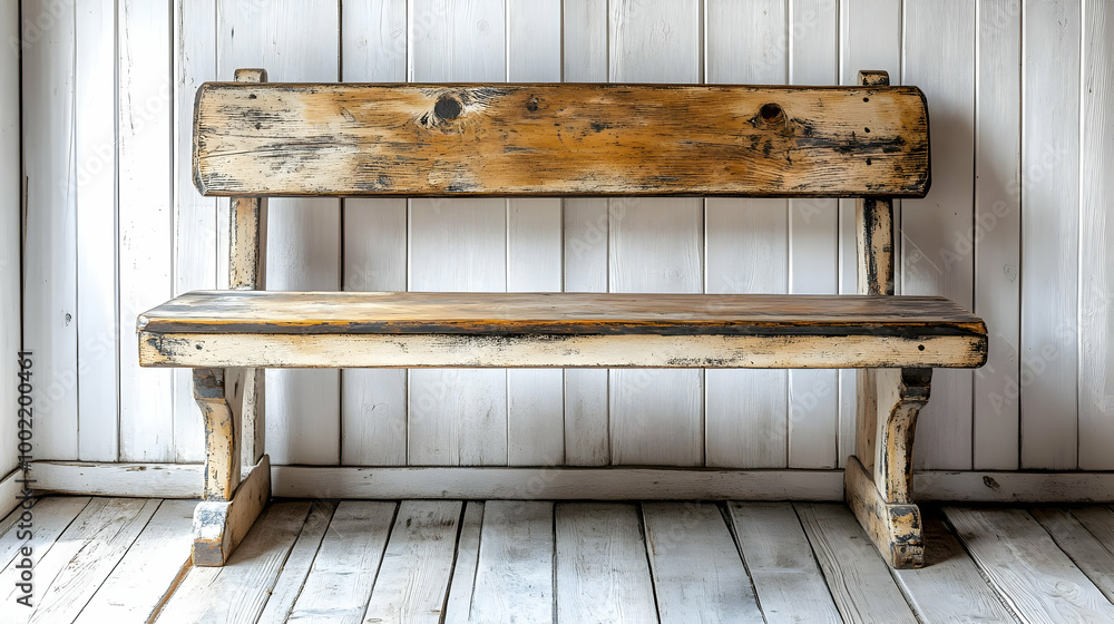 A rustic wooden bench against a clean white wall, showcasing natural texture and charm for cozy interior design. A rustic wooden bench against a clean white wall, showcasing natural texture and charm for cozy interior design.