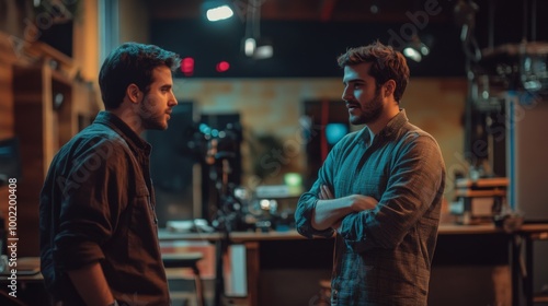 Two Men in a Studio Setting, One with Arms Crossed, the Other Looking Away