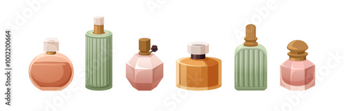 Perfume bottles with fragrant aroma, scented toilet water set. Eau de toilette, cosmetic products. Fragrance, perfumery in flasks, vials. Flat graphic vector illustration isolated on white background