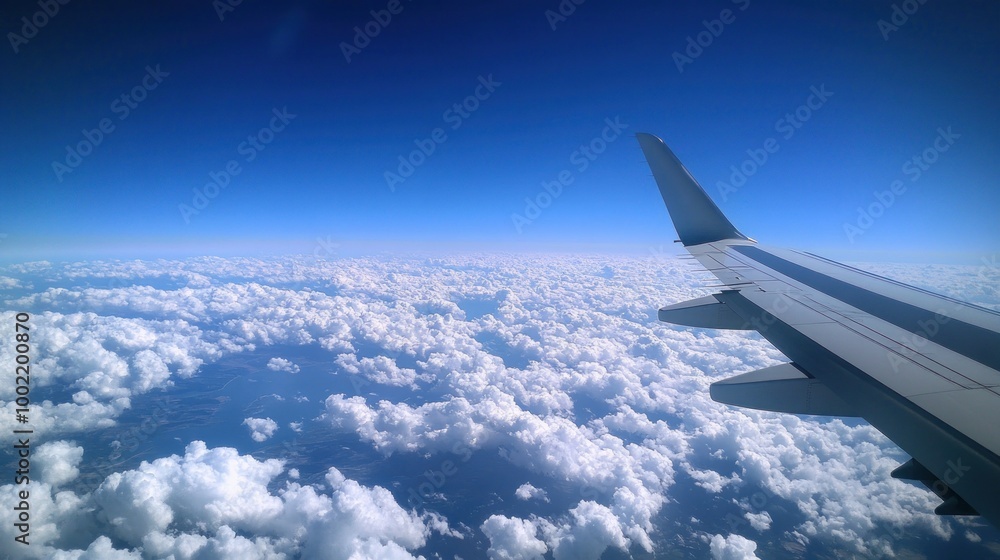 Aerial view from an airplane wing above fluffy clouds and a clear blue sky. Aerial view from an airplane wing above fluffy clouds and a clear blue sky.