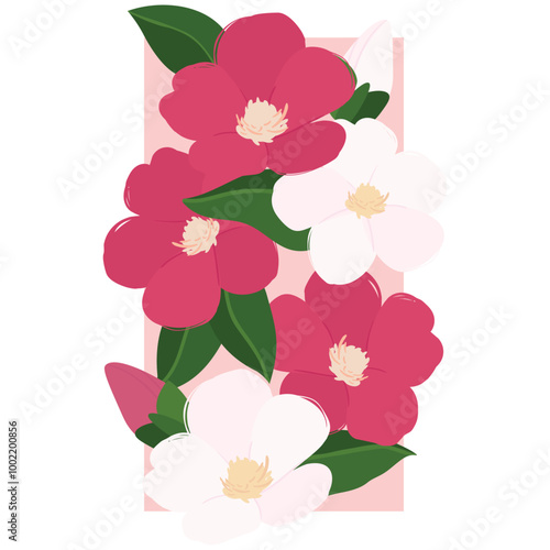Red and white camellia flowers pattern background. Red Camellia Flower pattern design. Tsubaki Camellia flower and leaves botanical painting. Vector illustration Floral invitation card design.