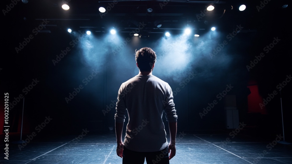 Fototapeta premium A lone performer stands on a darkened stage bathed in spotlights