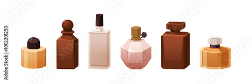 Perfume bottles set. Elegant vials with fragrant aroma. Luxury eau de toilette, fragrances, cosmetic flasks. Scented liquid, perfumery collection. Flat vector illustration isolated on white background