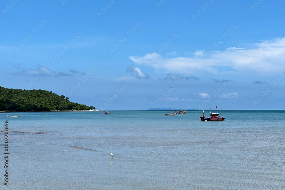 Serene Tropical Beach with Fishing Boats and Calm Blue Waters Under a Clear Sky, Featuring a Coastal Landscape and Wildlife Serene Tropical Beach with Fishing Boats and Calm Blue Waters Under a Clear Sky, Featuring a Coastal Landscape and Wildlife
