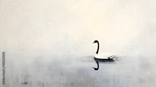 Graceful swan gliding across a still tranquil lake its movements creating gentle ripples amid subtle ink wash like textures and patterns  This serene photo