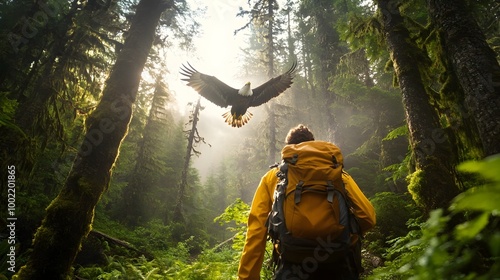 Hiker concealed beneath the dense forest canopy as a hungry eagle circles overhead searching for prey  The massive bird s presence creates a tense dramatic scene in the wilderness photo