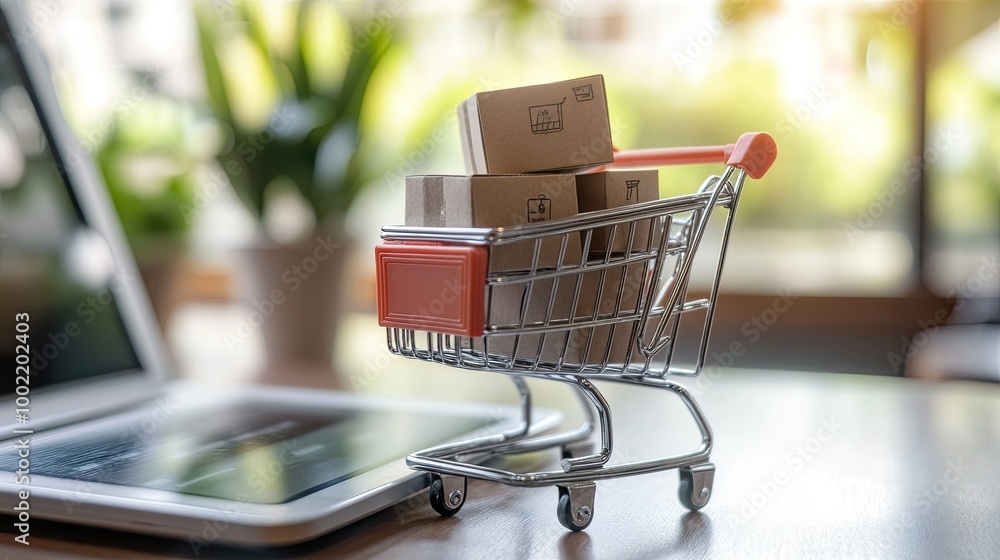 Ecommerce packages on a desk with a digital tablet, leaving space for text. Ecommerce packages on a desk with a digital tablet, leaving space for text.
