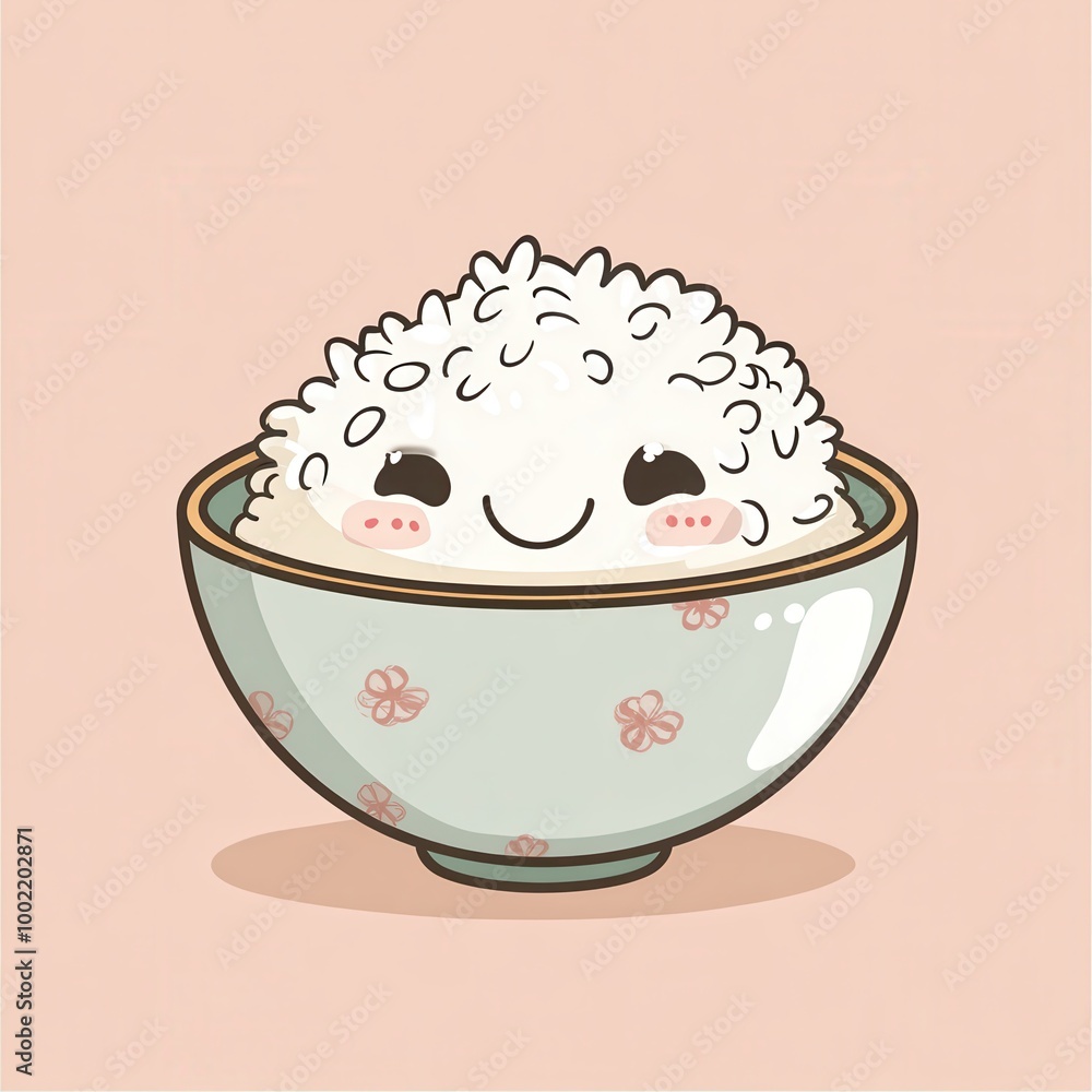 A cute cartoon bowl of rice with a happy face, perfect for food illustrations or character designs. A cute cartoon bowl of rice with a happy face, perfect for food illustrations or character designs.
