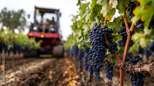 image of a specialized grape harvester machine meticulously plucking ripe grapes from the vines in a lush rural vineyard landscape during the autumn harvest season