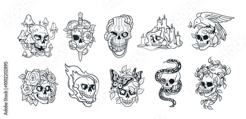 Skull tattoo art set. Vintage-style engraved designs, death symbols. Horror s...
