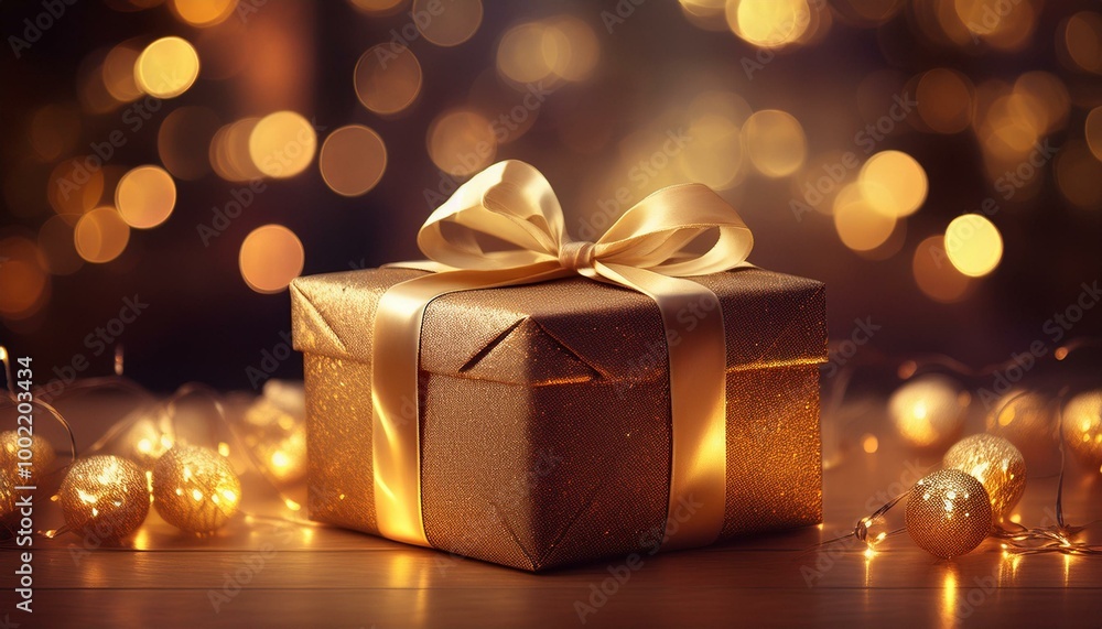 A beautifully wrapped gift with a shiny ribbon and bow, sitting on a table surrounded by twinkling Christmas lights. A beautifully wrapped gift with a shiny ribbon and bow, sitting on a table surrounded by twinkling Christmas lights.