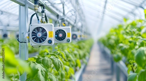 image showcasing the intricate network of sensors and fans that comprise an automated greenhouse climate control system designed to optimize temperature humidity photo