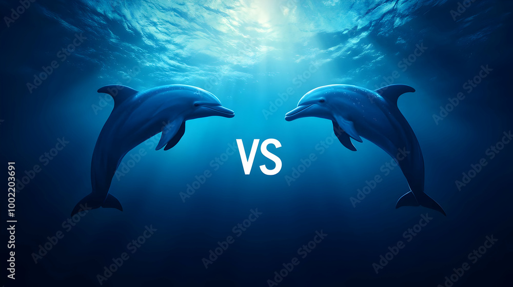 Fototapeta premium A stunning underwater scene featuring two dolphins facing off in a playful showdown, showcasing their beauty and grace.