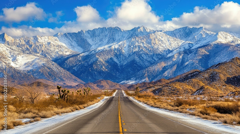 Naklejka premium Empty road leading to mountains, perfect for a holiday road trip, with space for text.