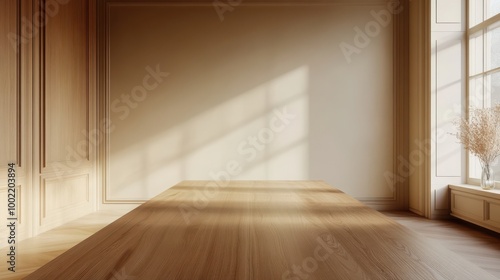 Wallpaper Mural Mock up frame in a spacious boardroom with only a wooden table and soft beige walls Torontodigital.ca