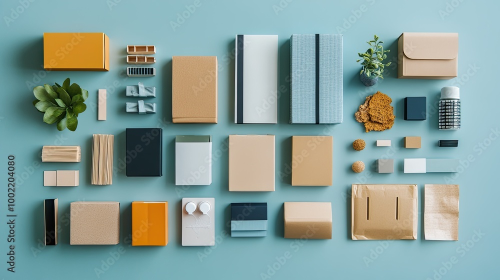 Flat lay of ecommerce packaging supplies on a clean background, with room for copy. Flat lay of ecommerce packaging supplies on a clean background, with room for copy.