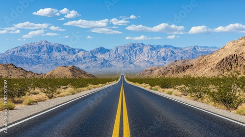 Empty road leading to mountains, perfect for a holiday road trip, with space for text.