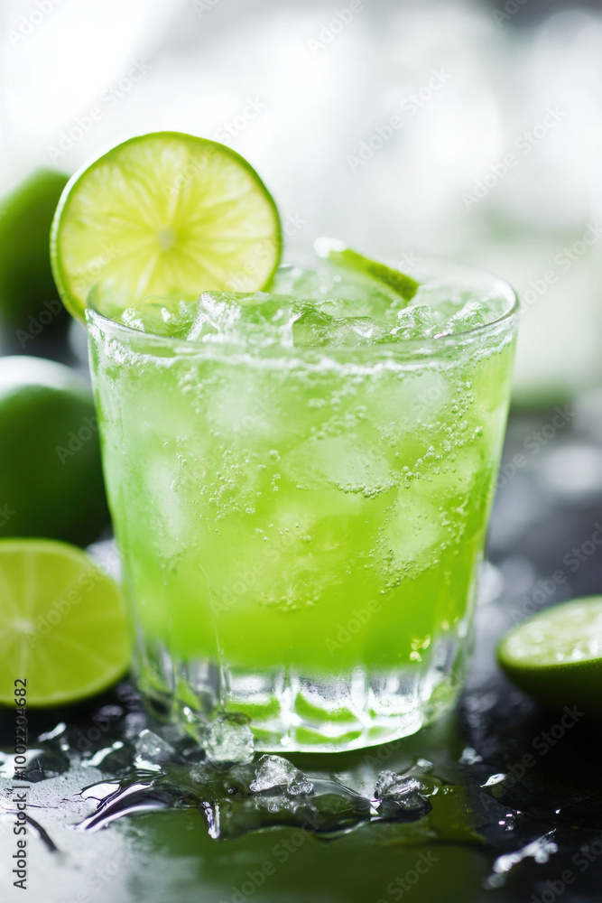A refreshing lime cocktail served in a glass with ice cubes and a lime slice on the rim, creating a vibrant and cool presentation. A refreshing lime cocktail served in a glass with ice cubes and a lime slice on the rim, creating a vibrant and cool presentation.