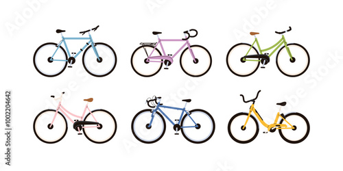 Bicycles set. Different mountain bikes collection. Eco-friendly sport cycles, urban road wheel transport, MTB. Sustainable city vehicles. Flat vector illustration isolated on white background