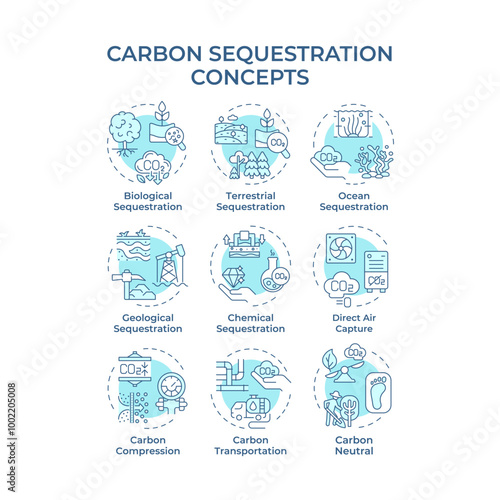 Carbon sequestration soft blue concept icons. Co2 emission, forestation. Greenhouse gas. Icon pack. Vector images. Round shape illustrations for infographic, presentation. Abstract idea