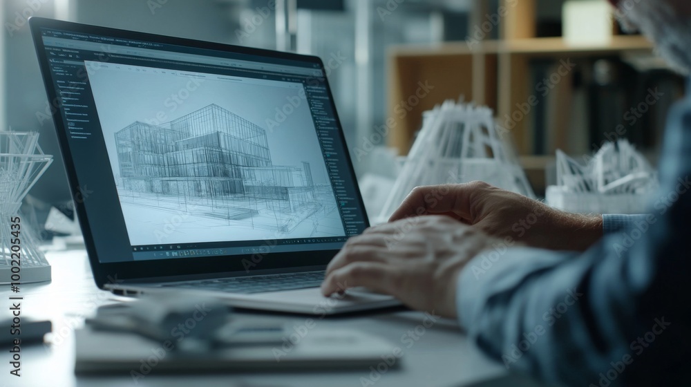 Architect Working on Laptop with Building Design Architect Working on Laptop with Building Design
