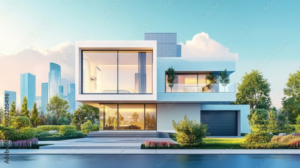 Fototapeta premium Modern architecture in the city, with a luxurious home and space for text.