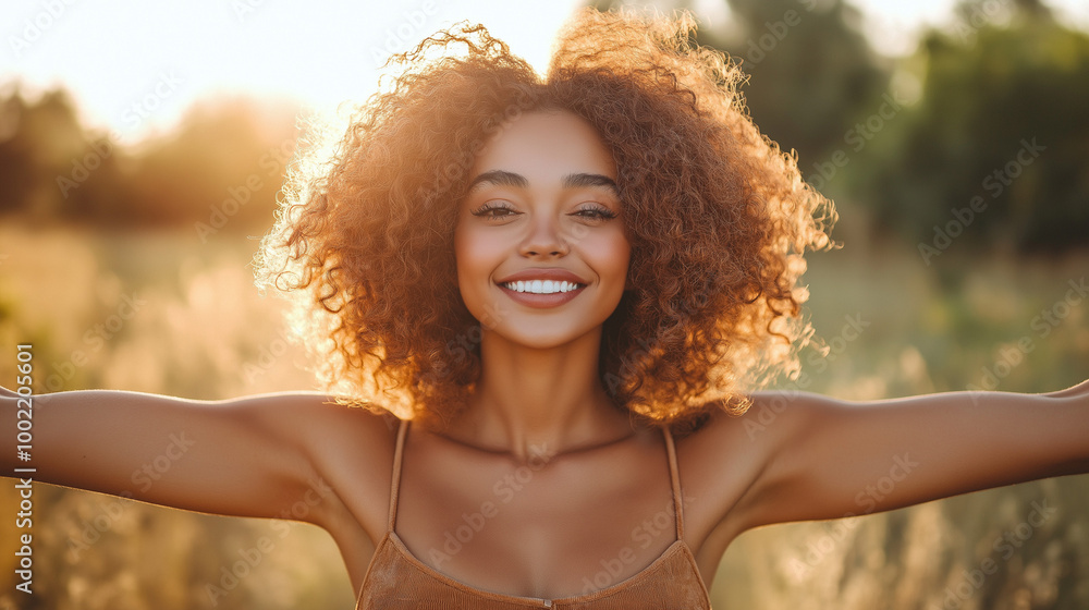 Portrait of a free happy american woman with open arms enjoying life in meadows and nature background , young joyful female with good mental health, Ai Portrait of a free happy american woman with open arms enjoying life in meadows and nature background , young joyful female with good mental health, Ai