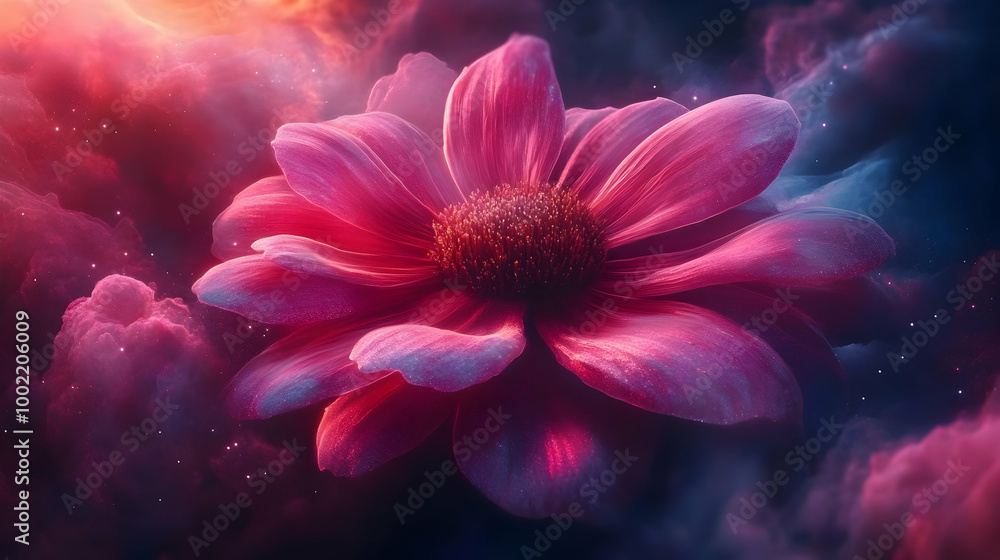 A vibrant pink flower amidst a cosmic backdrop, showcasing nature's beauty blending with the ethereal universe.